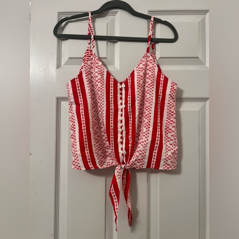 Red + White Cropped Tie Front Top